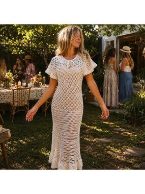 Handmade Long White Crocheted Dress Short Sleeve Women Boho Fitted Mermaid XS